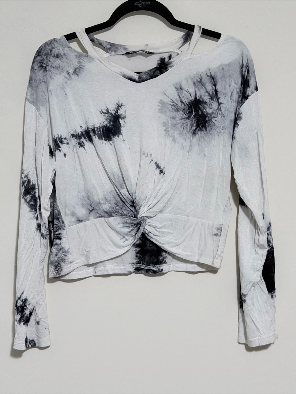 SHEIN Black & White Tie-Dye Knot Front Long Sleeve Top